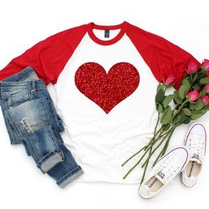 Red Glitter Heart Valentines Day Raglan Tee *S-2XL